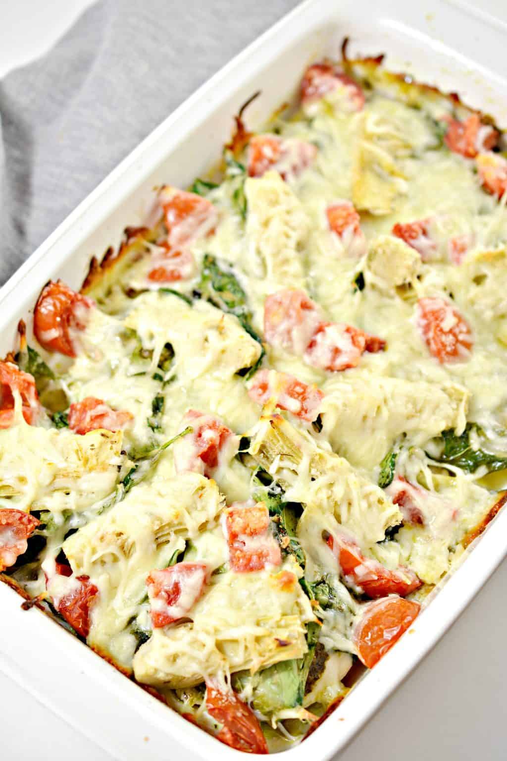 Pesto Spinach Artichoke Chicken Bake CheekyKitchen