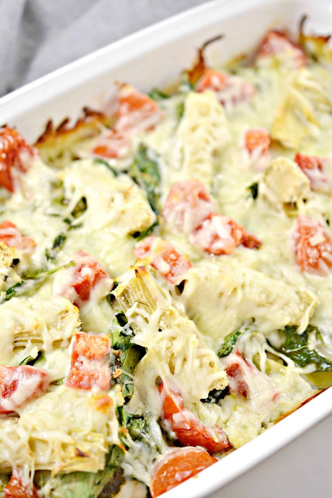Pesto Spinach Artichoke Chicken Bake CheekyKitchen