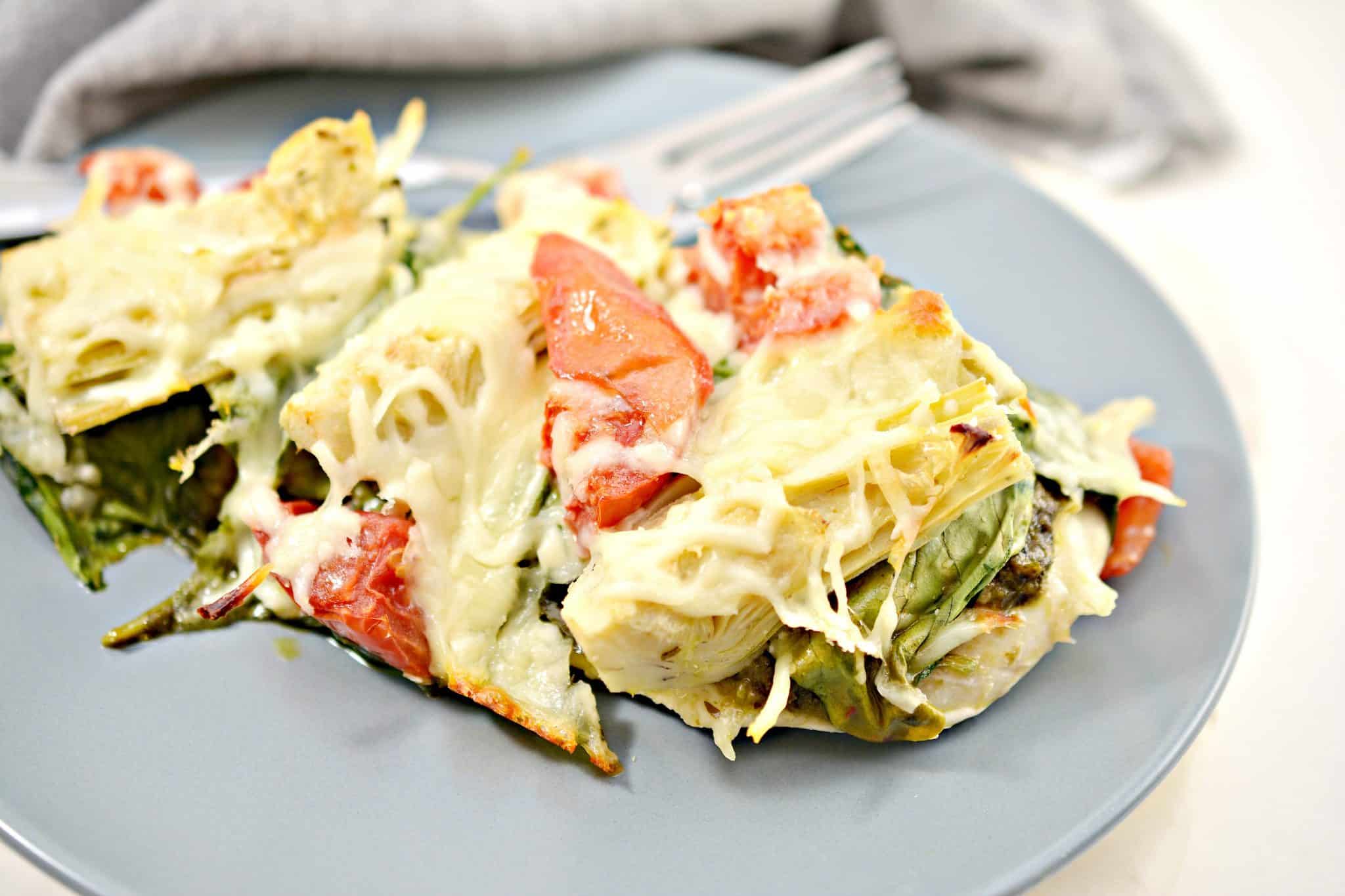 Pesto Spinach Artichoke Chicken Bake CheekyKitchen