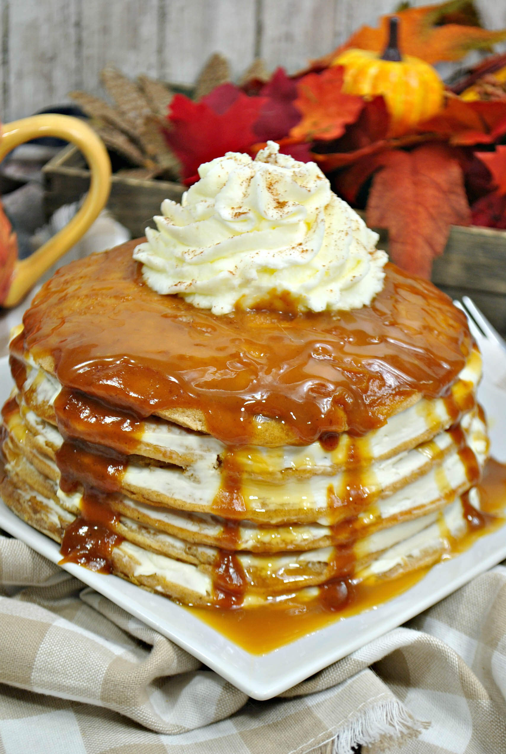 Pumpkin cheesecake pancakes w/ a butterscotch maple sauce