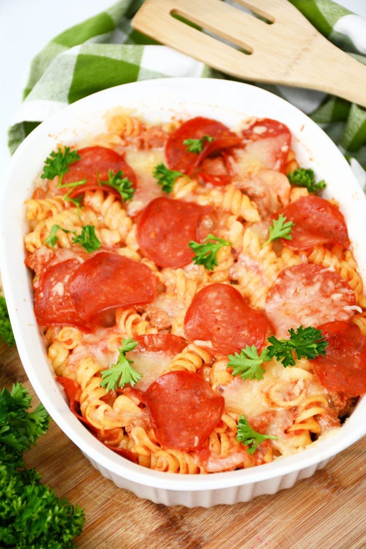 Pepperoni Pizza Casserole CheekyKitchen