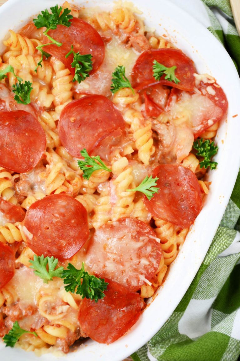 Pepperoni Pizza Casserole CheekyKitchen