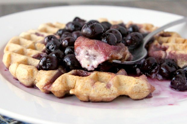 Cream Cheese Stuffed Waffles with Blueberry Syrup