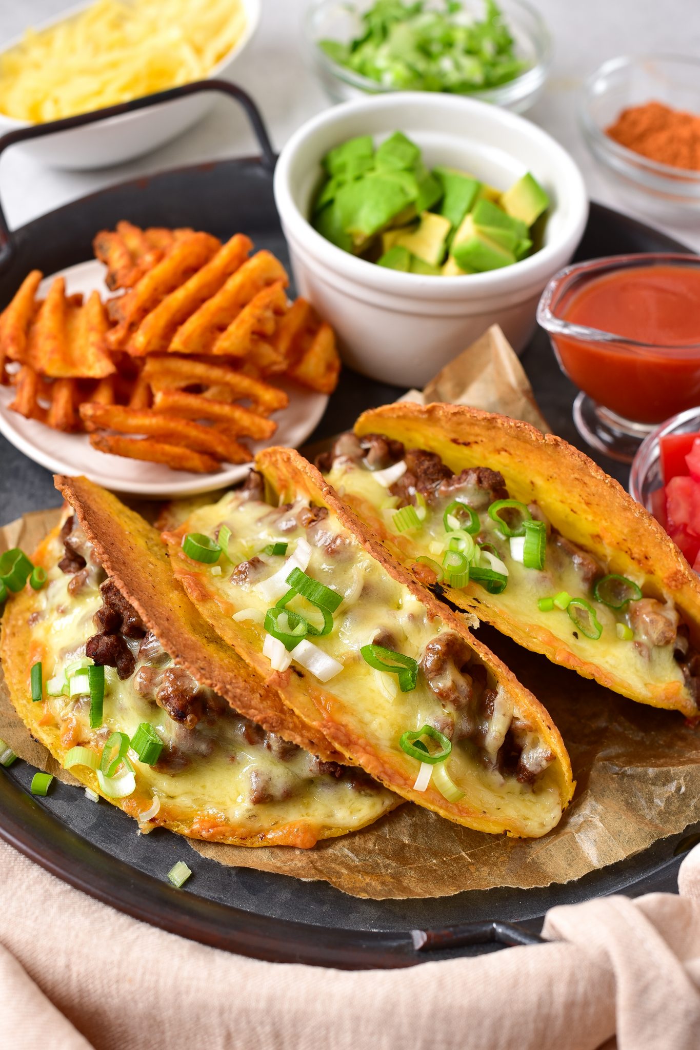 Cheese Steak Tacos with Buffalo Fries CheekyKitchen