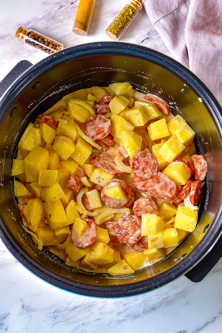 Add the soup mixture to the Crockpot, and stir to combine the ingredients well.