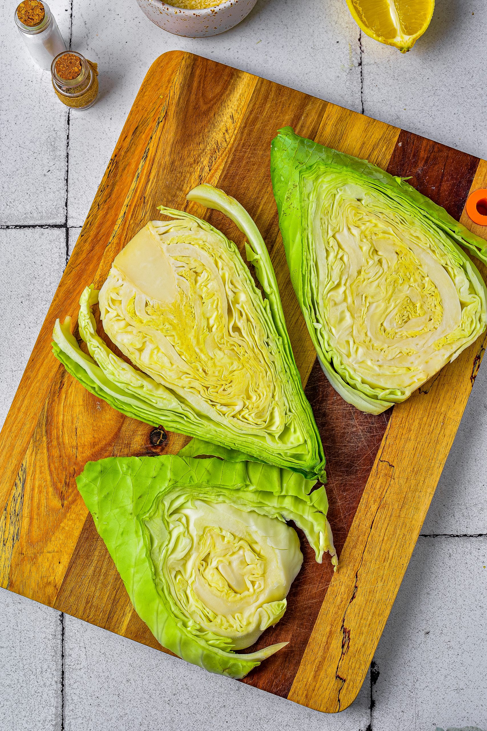 Slice the cabbage into thick “steak” slices about ¾ of an inch thick