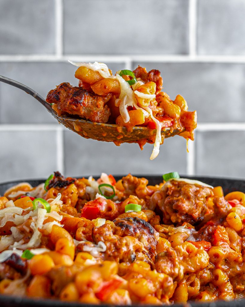 Skillet Mac and Cheese with Sausage and Bell Peppers CheekyKitchen