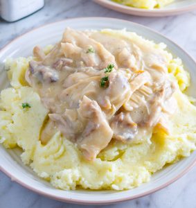 Shredded Chicken Gravy on Mashed Potatoes - CheekyKitchen