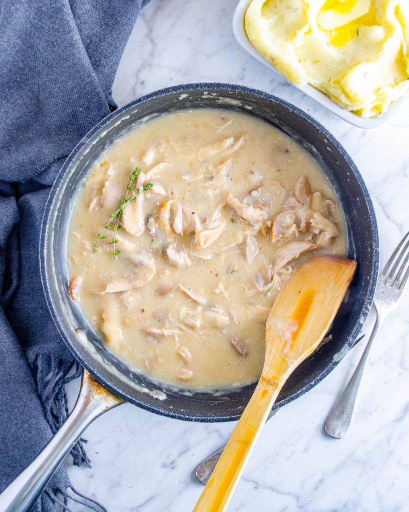 shredded-chicken-gravy-on-mashed-potatoes-cheekykitchen