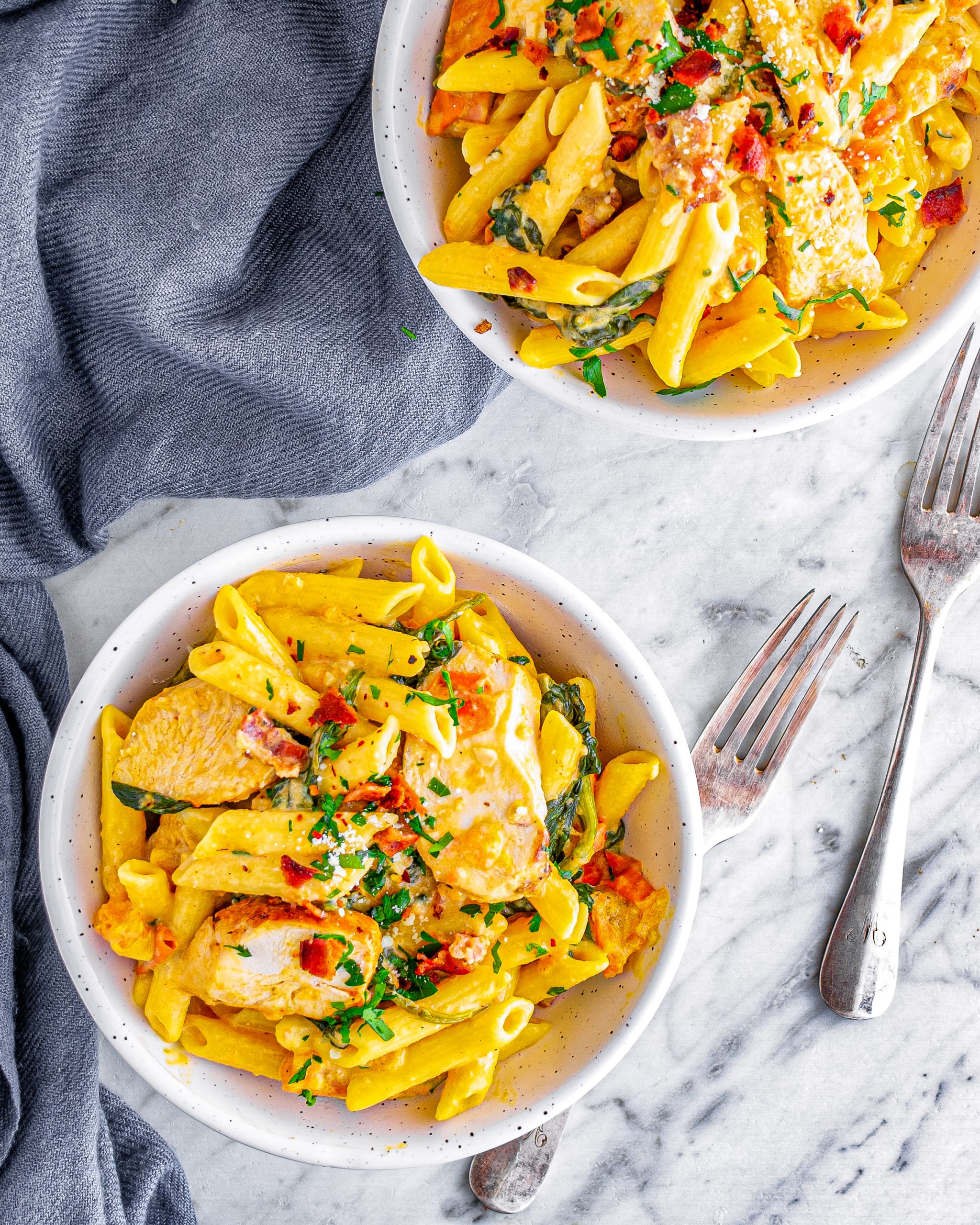 Chicken Bacon and Pasta with Spinach and Tomatoes in Garlic Cream Sauce