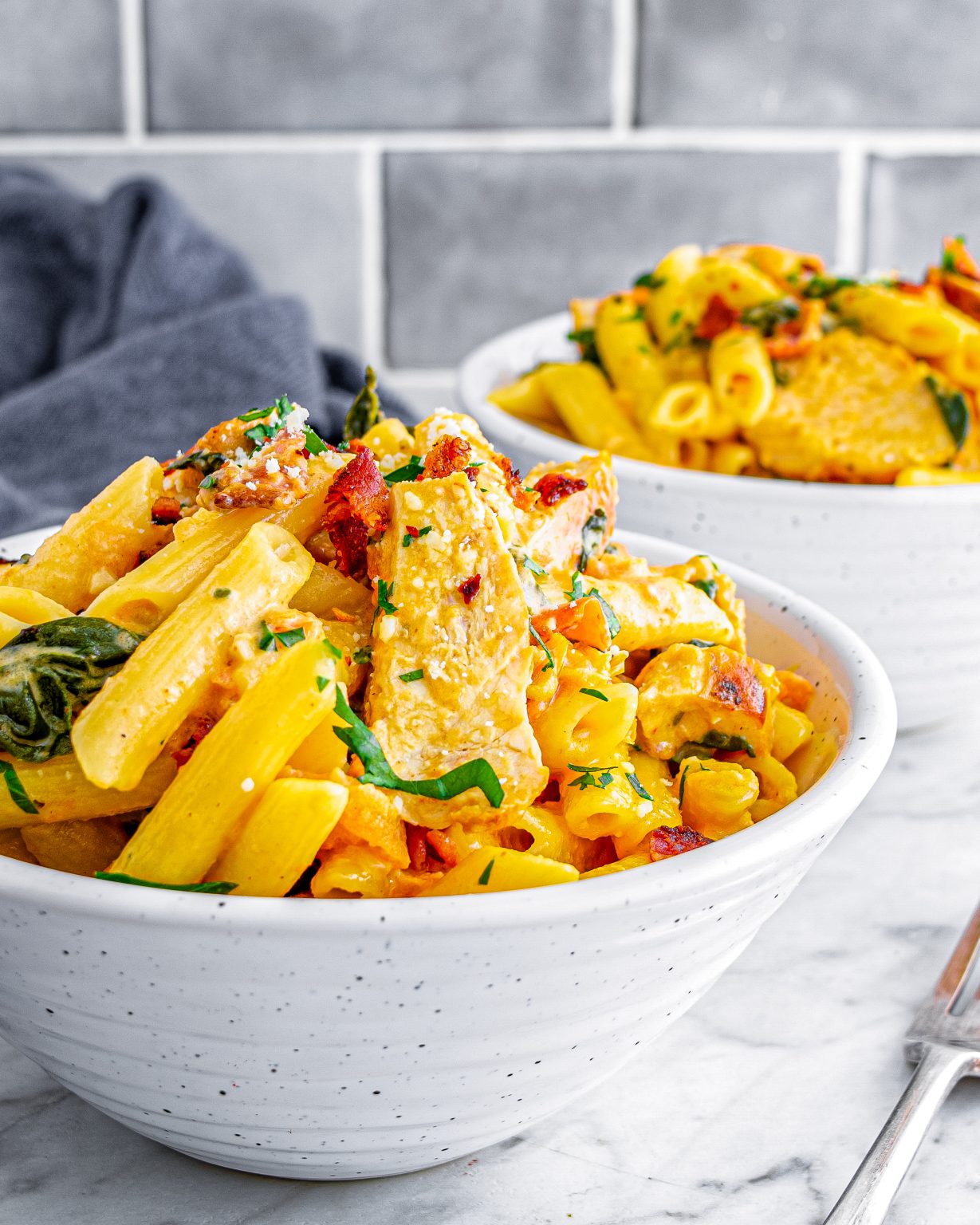 Chicken Bacon and Pasta with Spinach and Tomatoes in Garlic Cream Sauce